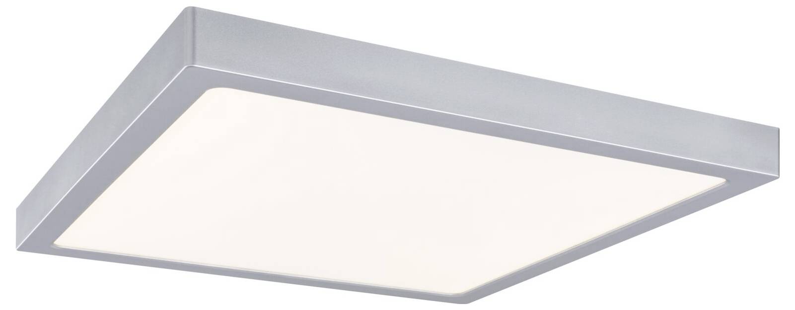 Rechteckige bündige Deckenleuchte mit einem weiß leuchtenden Panel und silbernem Metallrahmen.