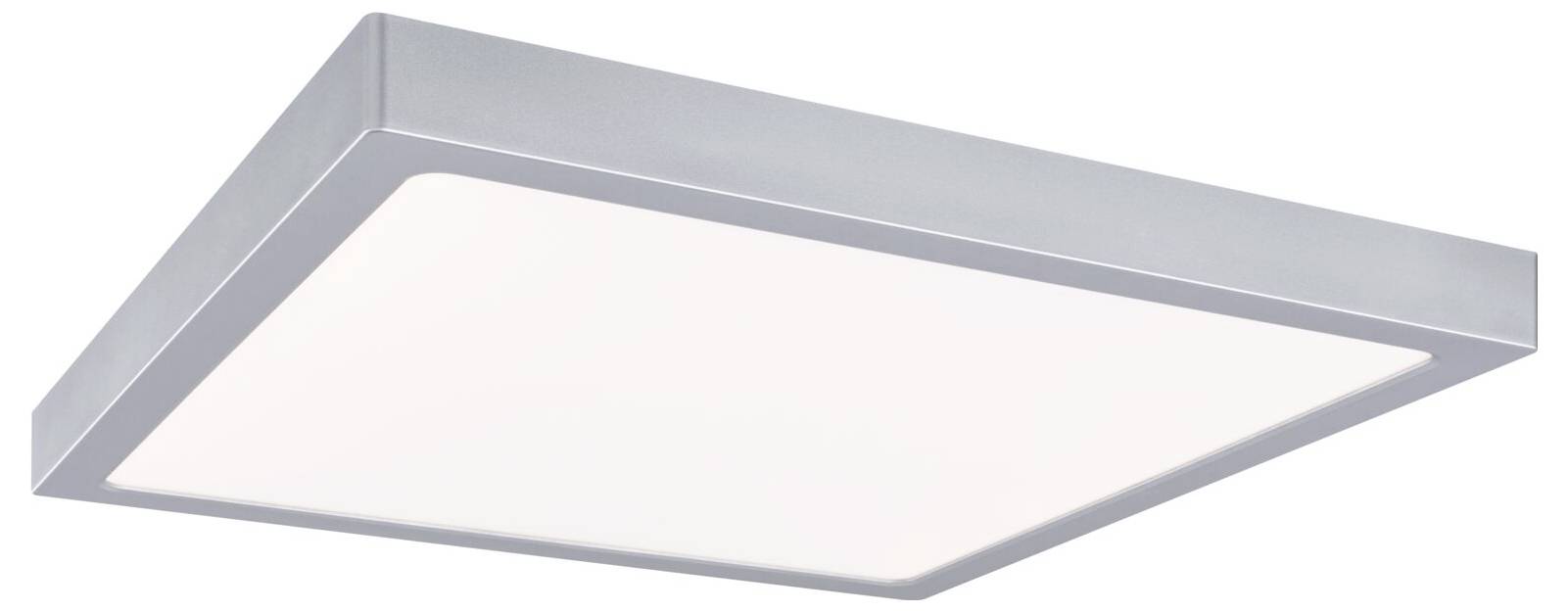 Modernes quadratisches Deckenleuchten-Panel mit silbernem Rahmen und hellem weißem Diffusor, vor einfachem Hintergrund dargestellt.