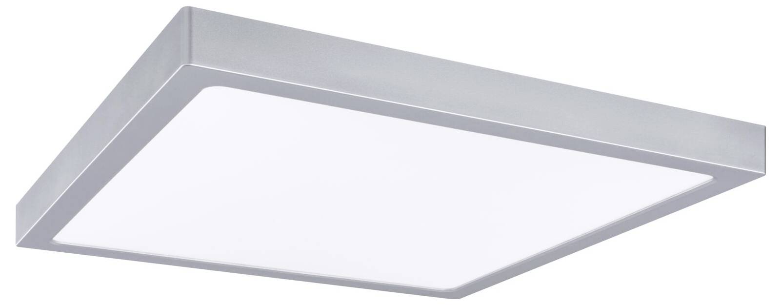 Rechteckiges LED-Deckenleuchten-Panel mit silbernem Rahmen, von unten auf weißem Hintergrund gezeigt.