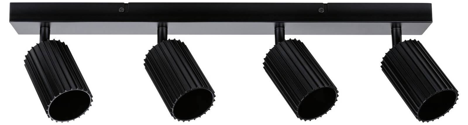 Schwarze vierflammige Schienleuchte mit vier verstellbaren zylindrischen Spotlights, die auf einer geraden Schiene montiert sind.