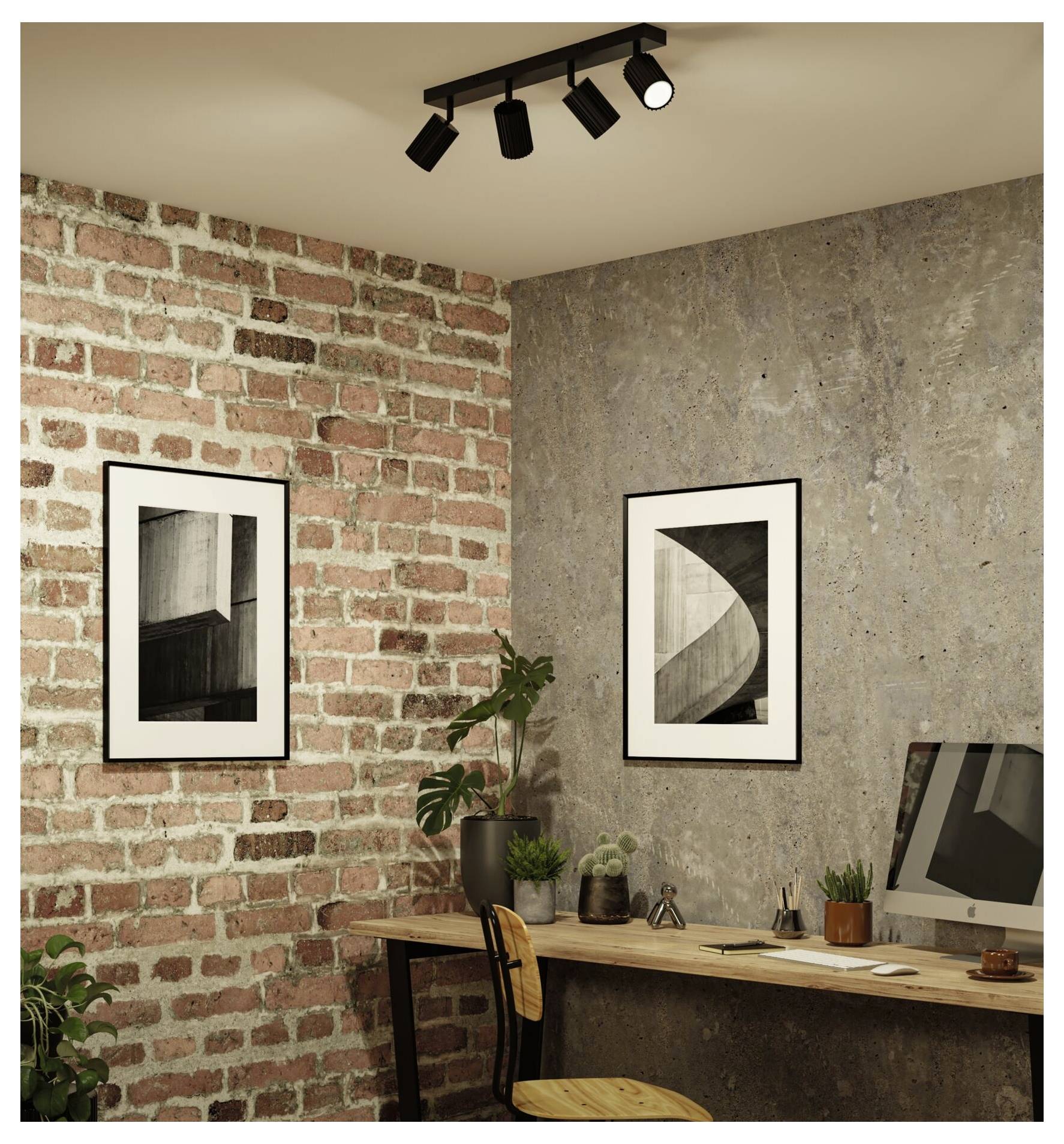Modernes Homeoffice mit sichtbarem Mauerwerk und Betonwänden, gerahmten Schwarzweiß-Drucken, einem Holzschreibtisch, einem Stuhl, Pflanzen und Deckenleuchten mit Schienensystem.
