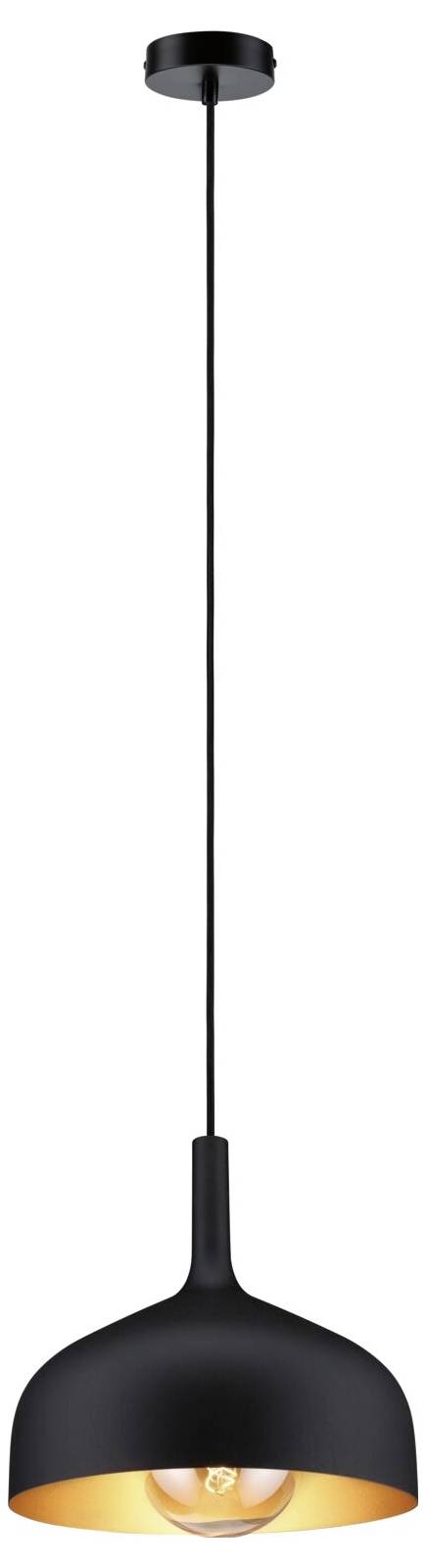 Schwarze Pendelleuchte mit Domschirm und sichtbarem Glühfaden, aufgehängt an einem langen Kabel, vor weißem Hintergrund.