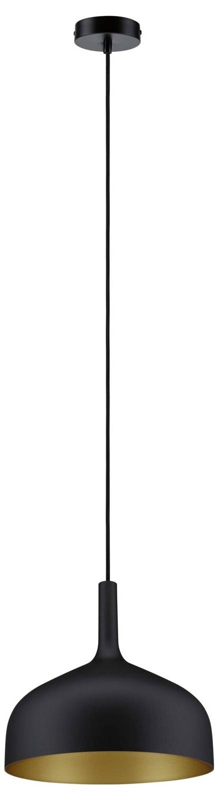 Schwarzes Pendelleuchte mit gewölbtem Schirm und vergoldetem Inneren, hängend an einem langen Kabel auf weißem Hintergrund.