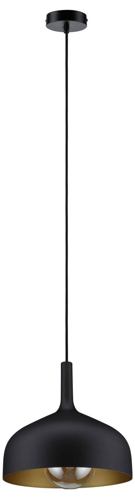 Schwarze Pendelleuchte mit langem Kabel und kuppelförmigem Schirm, zeigt goldenes Inneres und freiliegende Glühbirne.