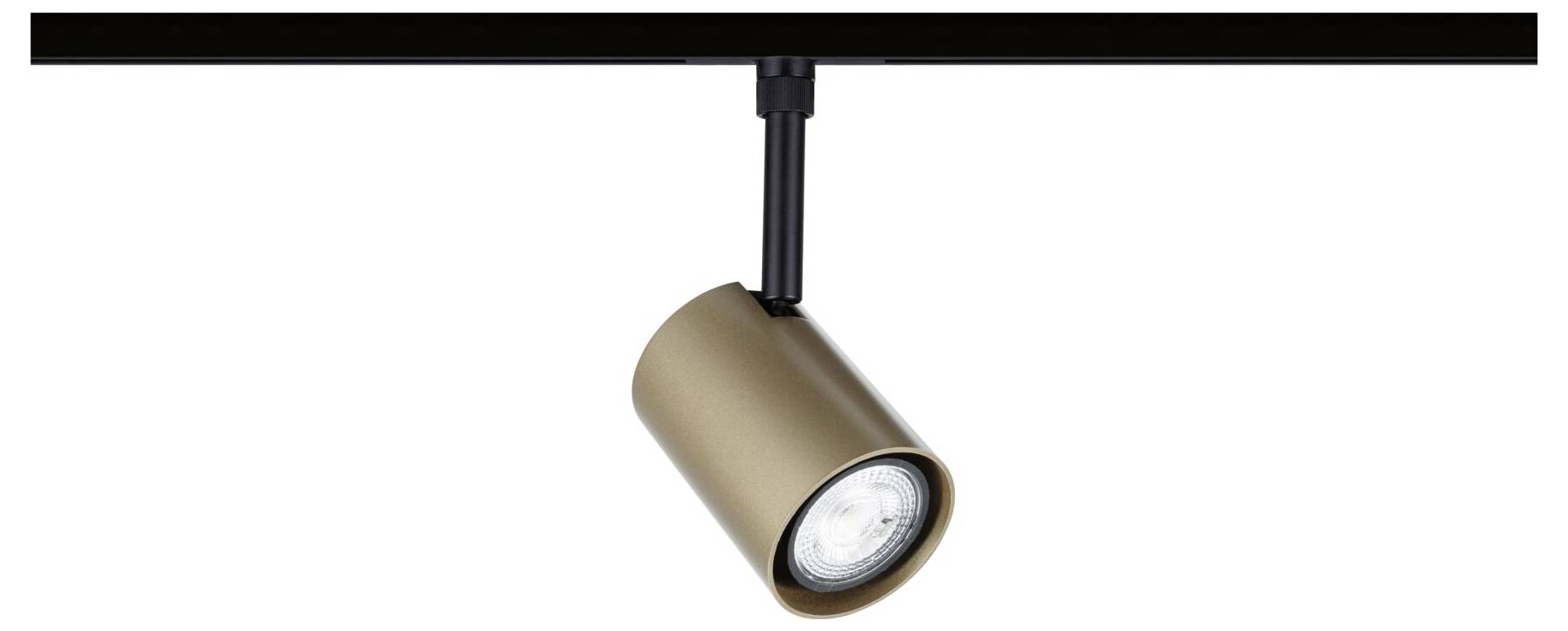 Goldfarben leuchtendes Schienenbeleuchtungssystem an einer schwarzen Deckenschiene montiert, nach unten geneigt auf weißem Hintergrund.