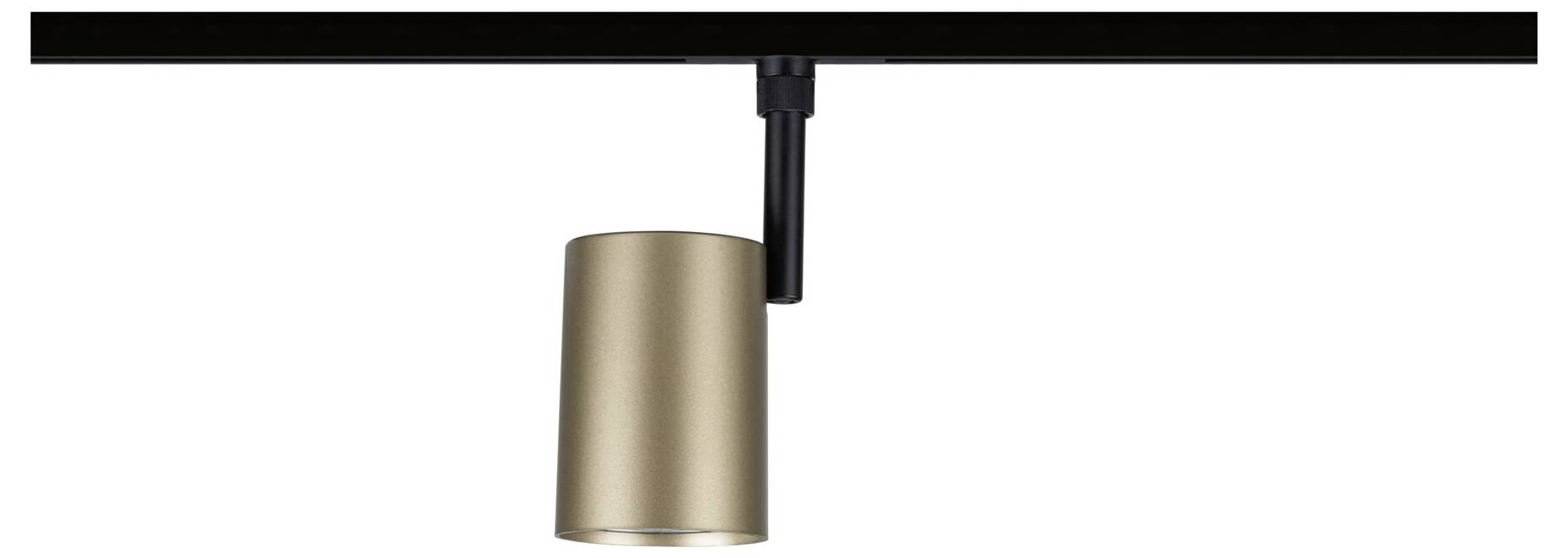 Eine goldene zylindrische Pendelleuchte hängt von einer schwarzen Deckenleiste vor einem weißen Hintergrund.