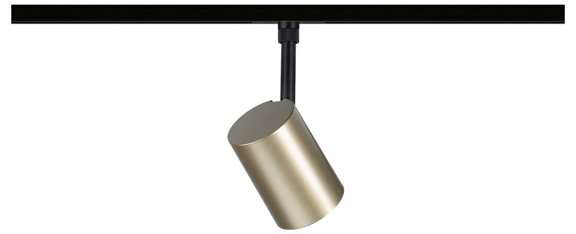 Eine einzelne Spotlicht-Leuchte, die auf einer Deckenleiste montiert ist, nach unten geneigt vor weißem Hintergrund.