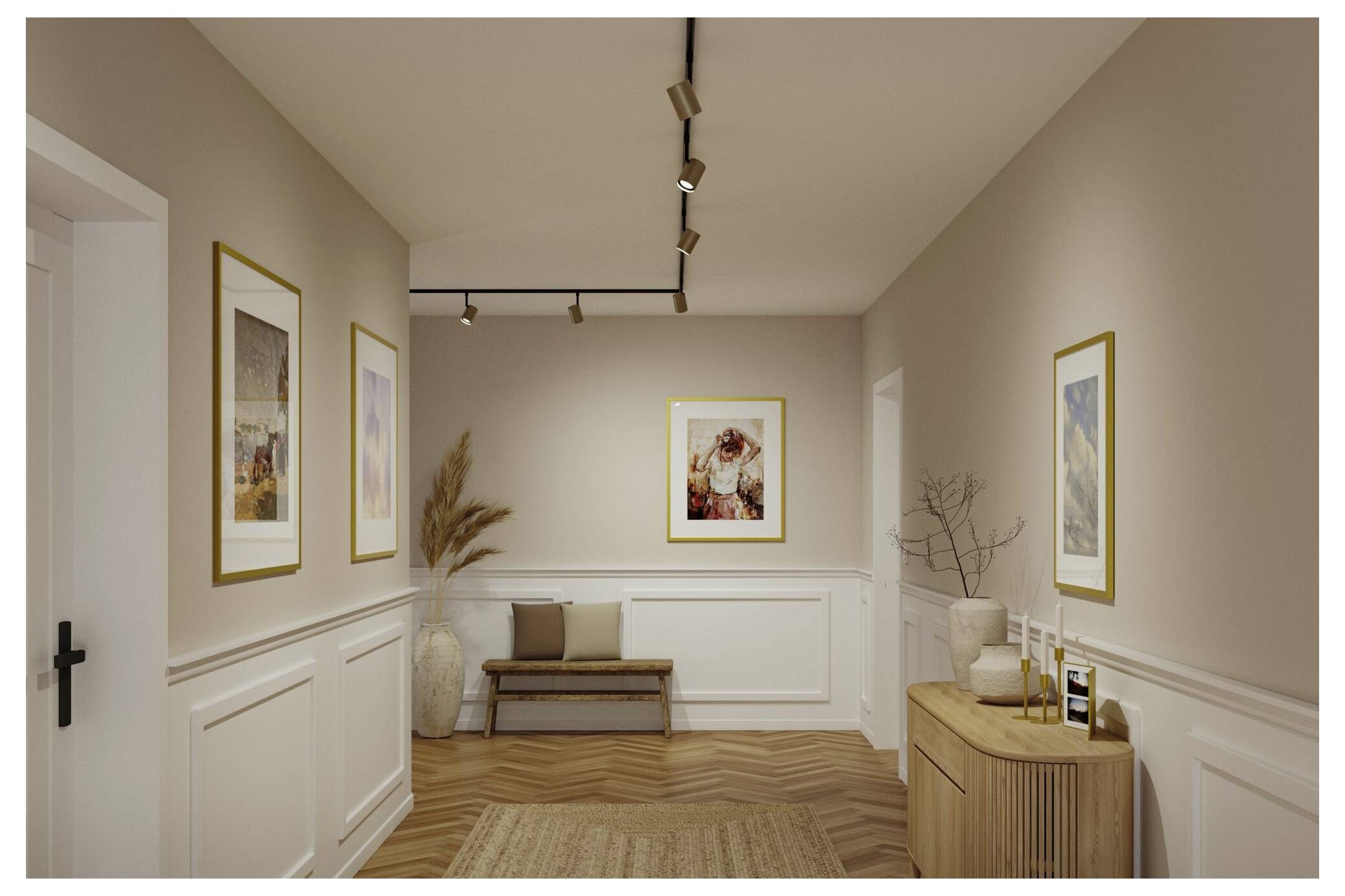 Stilvoller Flur mit gerahmten Kunstwerken, Bank, Konsolentisch, Schienenbeleuchtung und Fischgrätmuster-Holzboden in einem Interieur mit neutralen Tönen.
