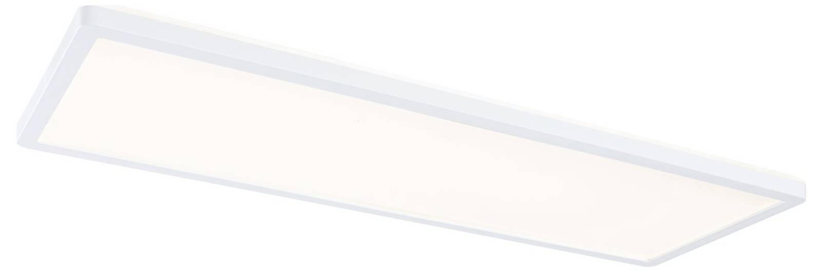 Leeres rechteckiges beleuchtetes Deckenleuchten-Einbaugehäuse aus einem Winkel auf weißem Hintergrund betrachtet.