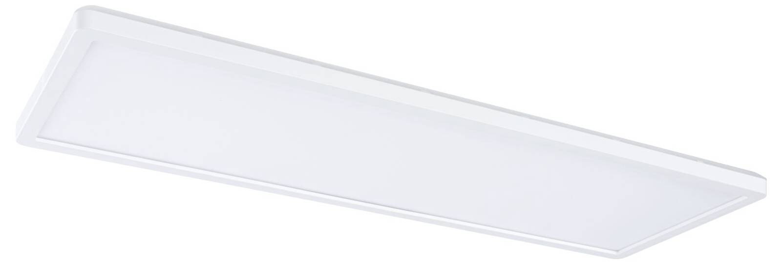 Rechteckiges weißes LED-Deckenleuchten-Panel in schräger Perspektive vor neutralem Hintergrund.