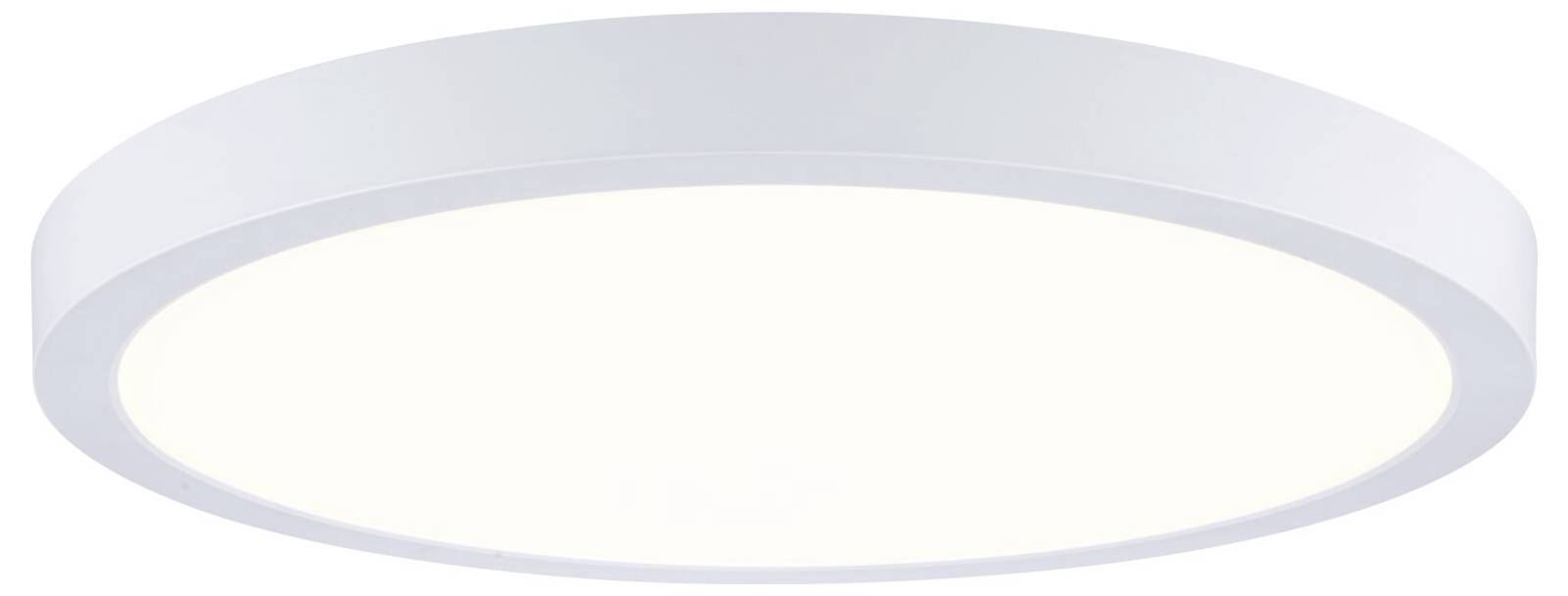 Nahaufnahme einer weißen ovalen Deckenleuchte mit einem sanft leuchtenden Mittelteil und hellgrauem Rand.