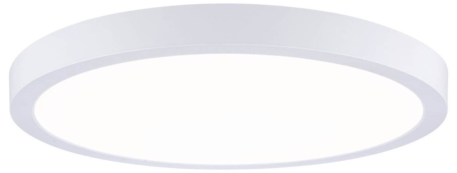 Modernes, rundes Deckenleuchten-Fixture mit breitem, weiß leuchtenden Panel und schmalem metallischem Rand.