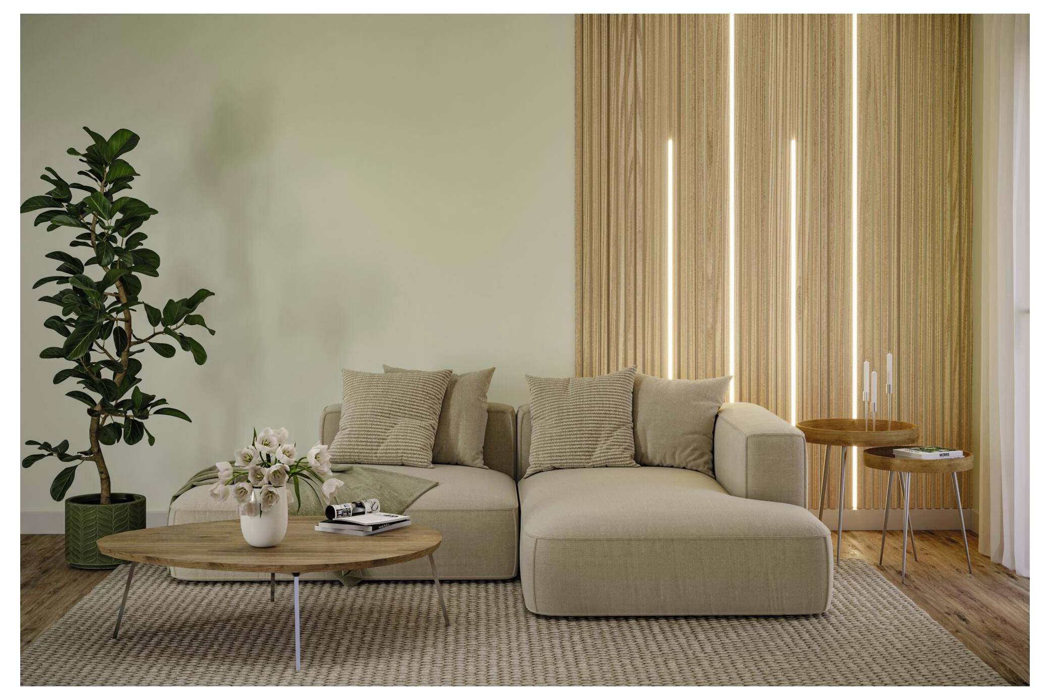 Modernes Wohnzimmer mit beigem Ecksofa, rundem Couchtisch, Topfpflanze und Holzlattenwand mit vertikalen Lichtern