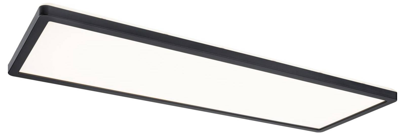 Schlanke rechteckige LED-Deckenleuchte mit weißem Diffusor und dunklem Rahmen, in Schrägansicht vor neutralem Hintergrund.