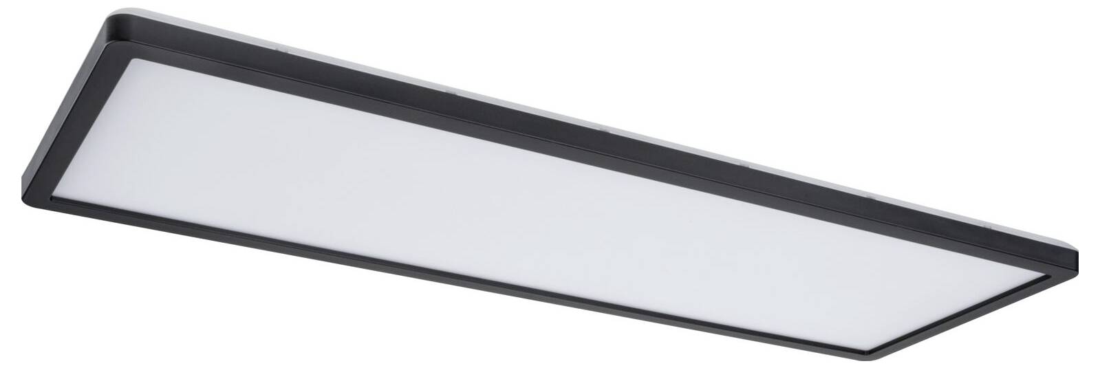 Rechteckige LED-Deckenleuchte mit schmalem schwarzem Rahmen und diffusem weißem Diffusor, gezeigt auf weißem Hintergrund.