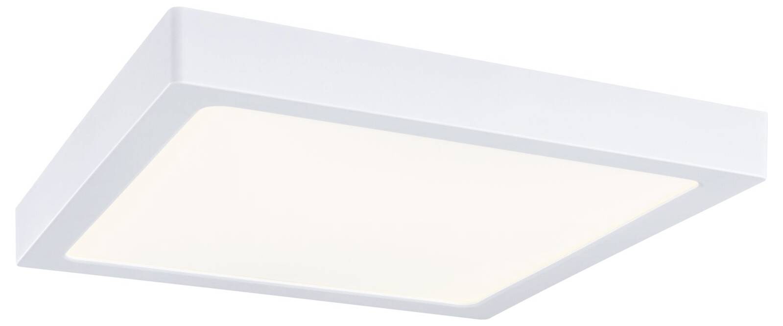 Rechteckige weiße bündig montierte Deckenleuchte mit leuchtendem mattiertem Paneel, von unten betrachtet.
