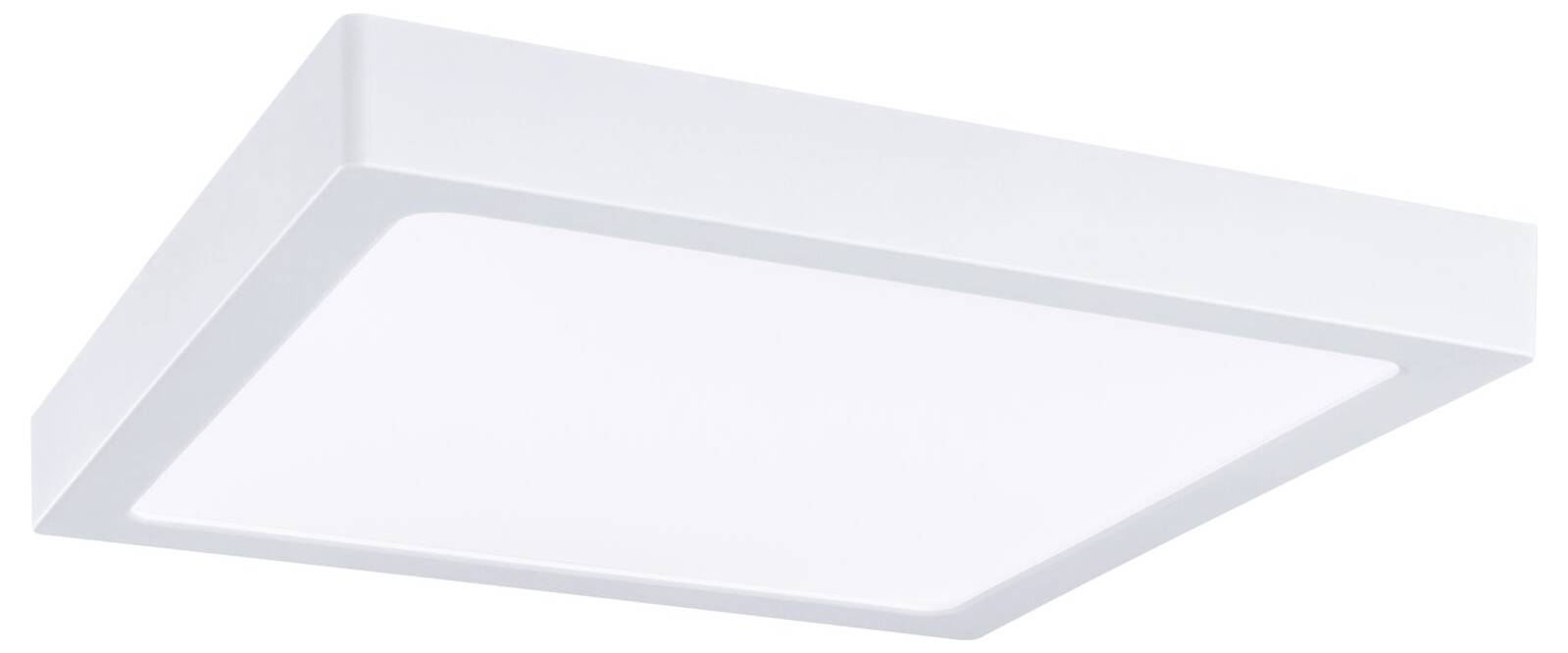 Modernes weißes rechteckiges Deckenleuchten-Ausführung mit einer eingefassten inneren Platte, in einem Winkel auf einem einfachen Hintergrund gezeigt.
