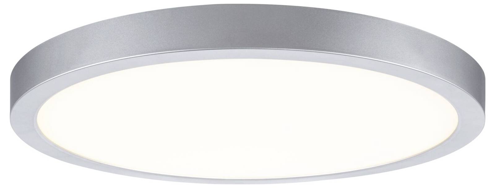 Runde, bündig montierte Deckenleuchte mit gebürstetem Silberrand und mattweißem Diffusor, beleuchtet vor weißem Hintergrund dargestellt.