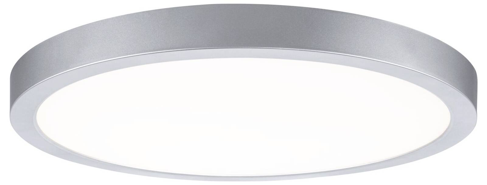Eine runde, bündige Deckenleuchte mit weißem Diffusor und gebürstetem Silberrand.