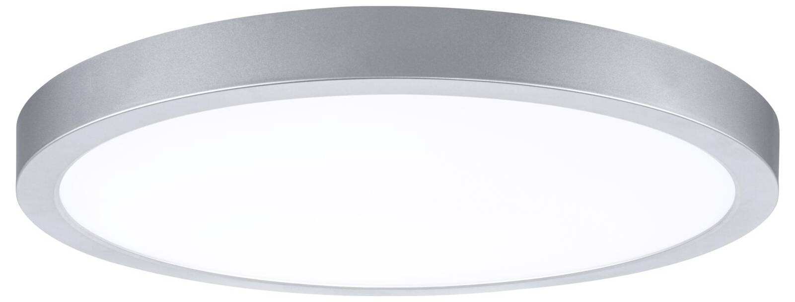 Runde weiße Deckenleuchte mit silbernem Metallrand, dargestellt als einfaches Produktbild auf weißem Hintergrund