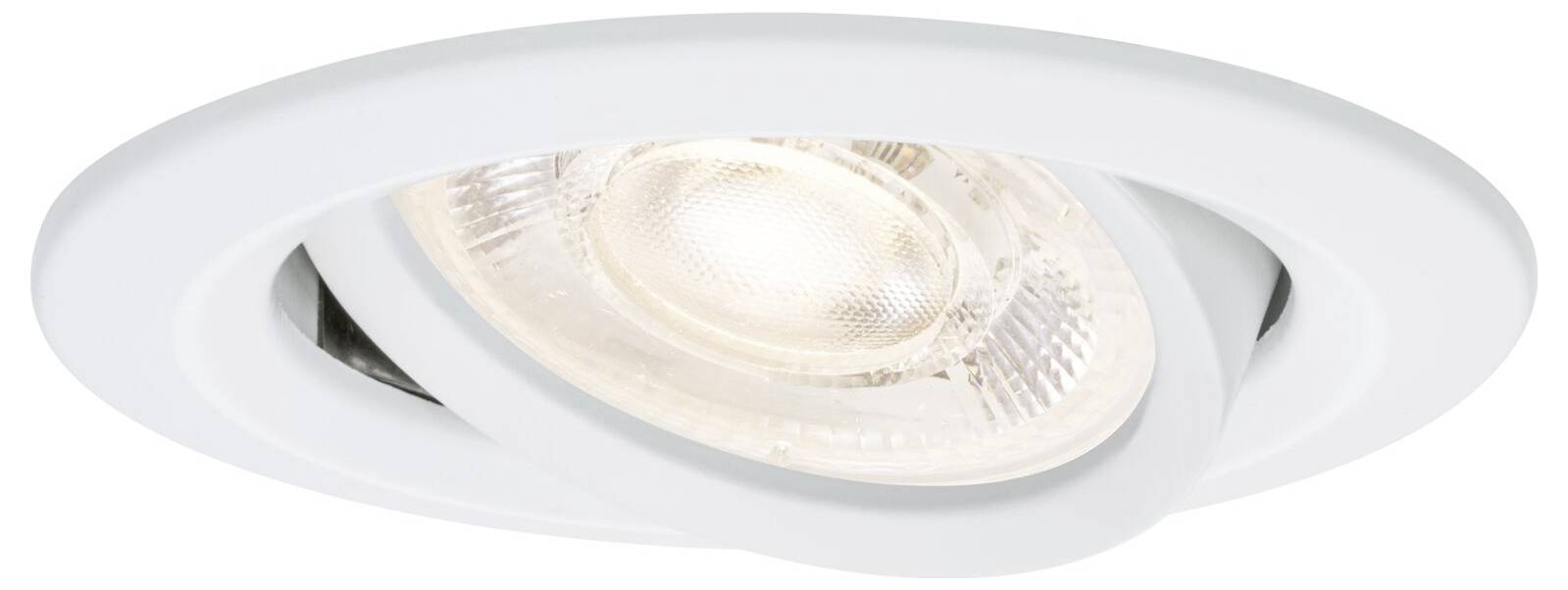 Eingebautes Deckenleuchten-Einbauelement mit weißem Zierring und einer nach unten gerichteten leuchtenden Glühbirne.