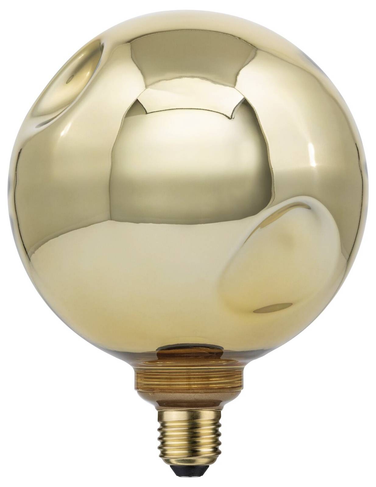 Eine goldgetönte Kugelleuchte mit E26-Schraubgewinde auf weißem Hintergrund.