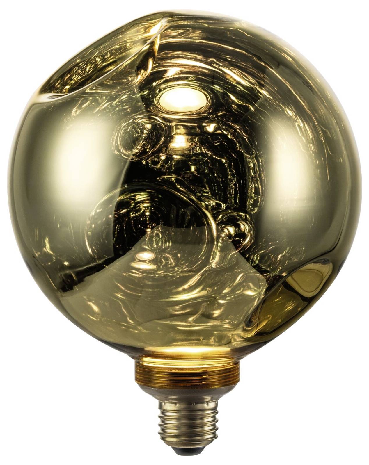 Glühbirne mit Goldtönung, die isoliert auf weißem Hintergrund gezeigt wird, mit sichtbarem Schraubsockel und reflektierender Oberfläche.