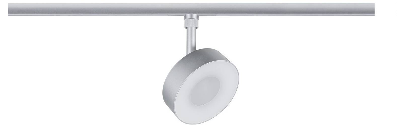 Einzelne Scheinwerferleuchte auf einer Deckenprofilschiene montiert, nach unten geneigt.