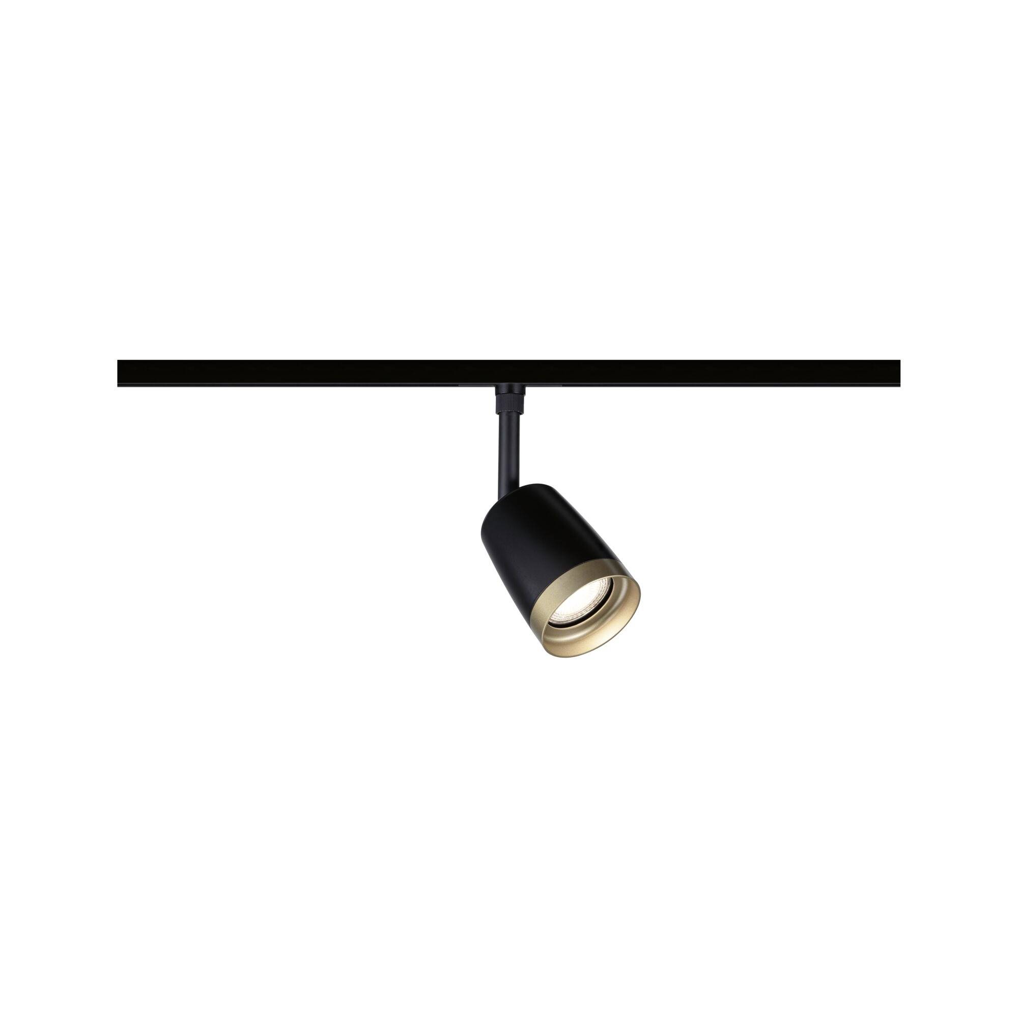 Schwarzer schienengestützter Scheinwerfer mit verstellbarem zylindrischen Kopf auf einer horizontalen Schiene, vor weißem Hintergrund dargestellt.