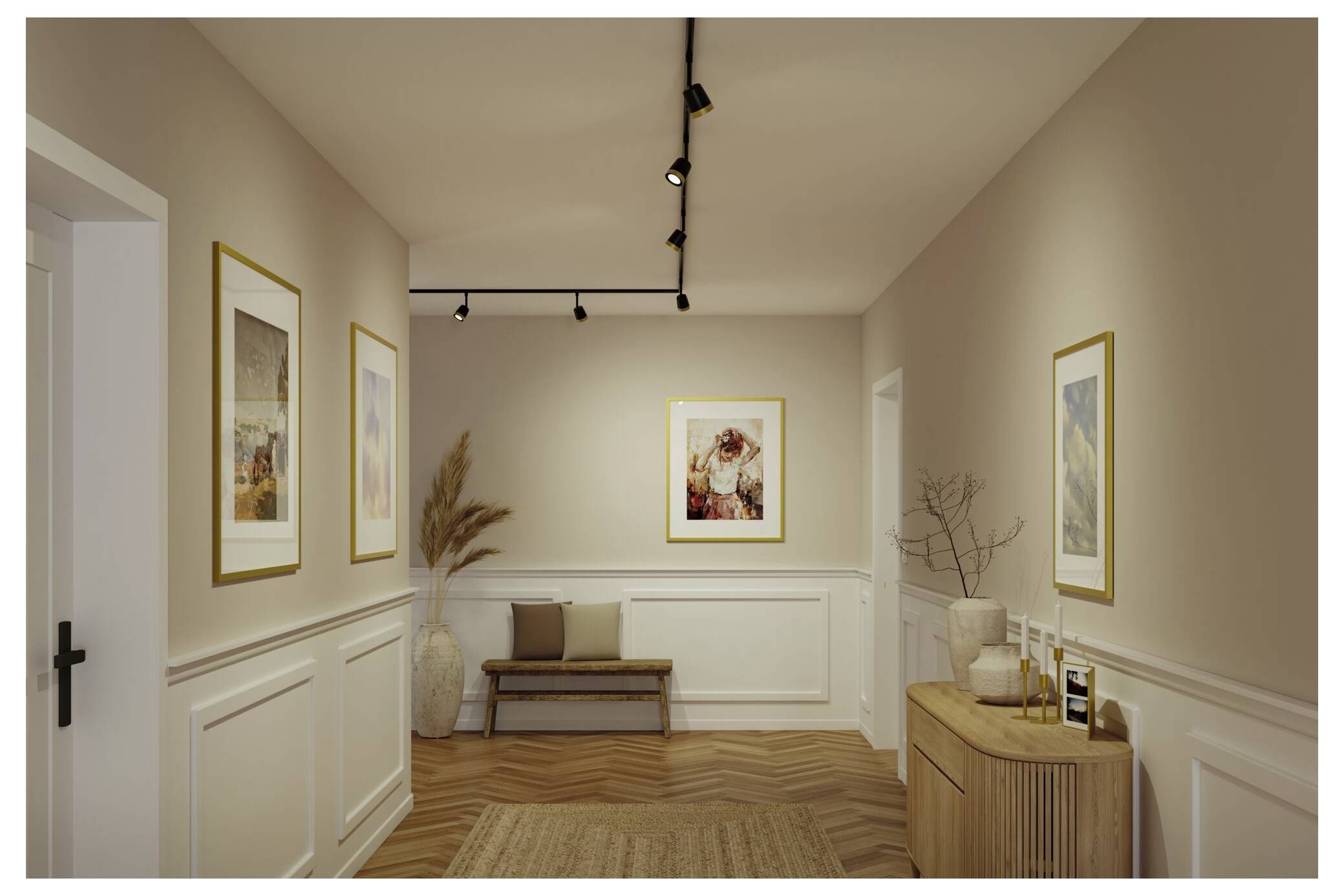 Ein beiger Flur oder Galerieraum mit gerahmten Kunstwerken, Bank, Konsolentisch, Vase mit Trockengras und Schienensystem-Beleuchtung.