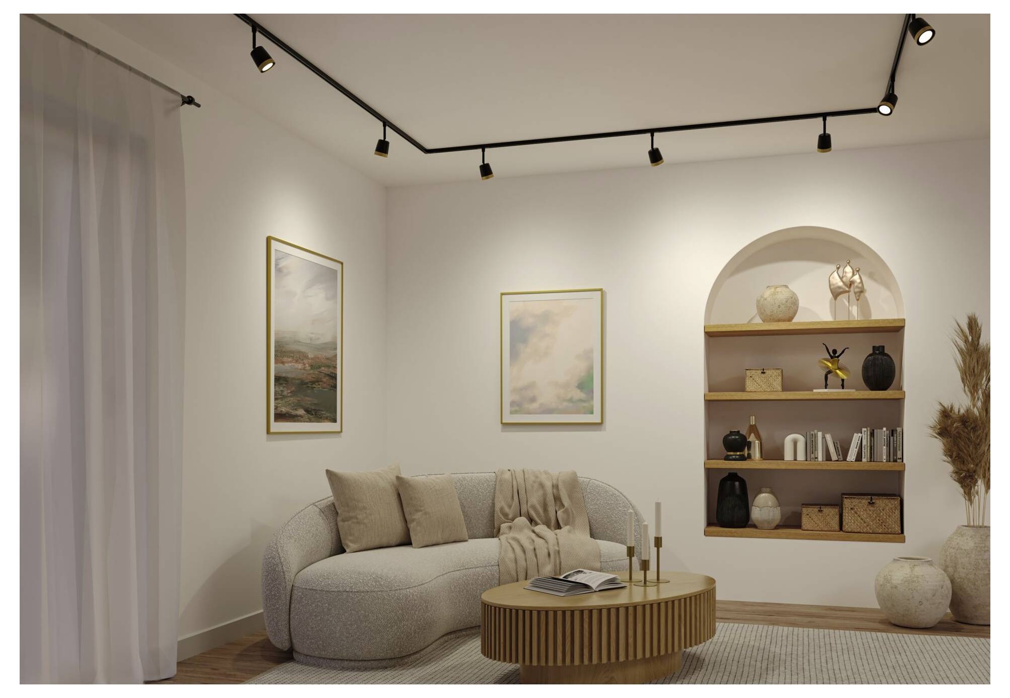 Modernes beiges Wohnzimmer mit geschwungenem Sofa, rundem Holz-Couchtisch, Wandkunst, gewölbtem Regaldekor und Schienenbeleuchtung.