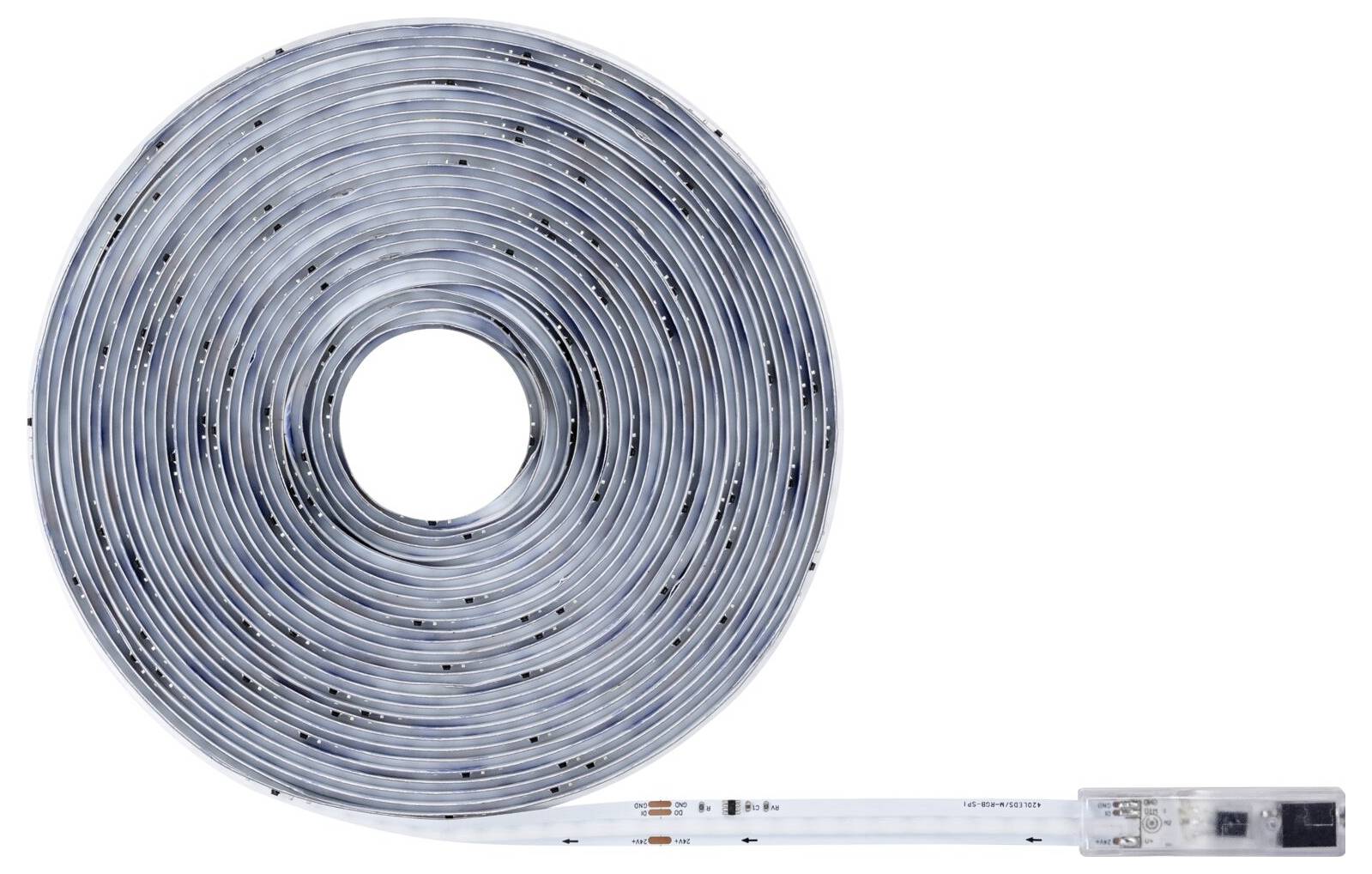 Aufgerollter LED-Lichtstreifen auf einer Spule mit Stromstecker und Steuereinheit am Ende befestigt.