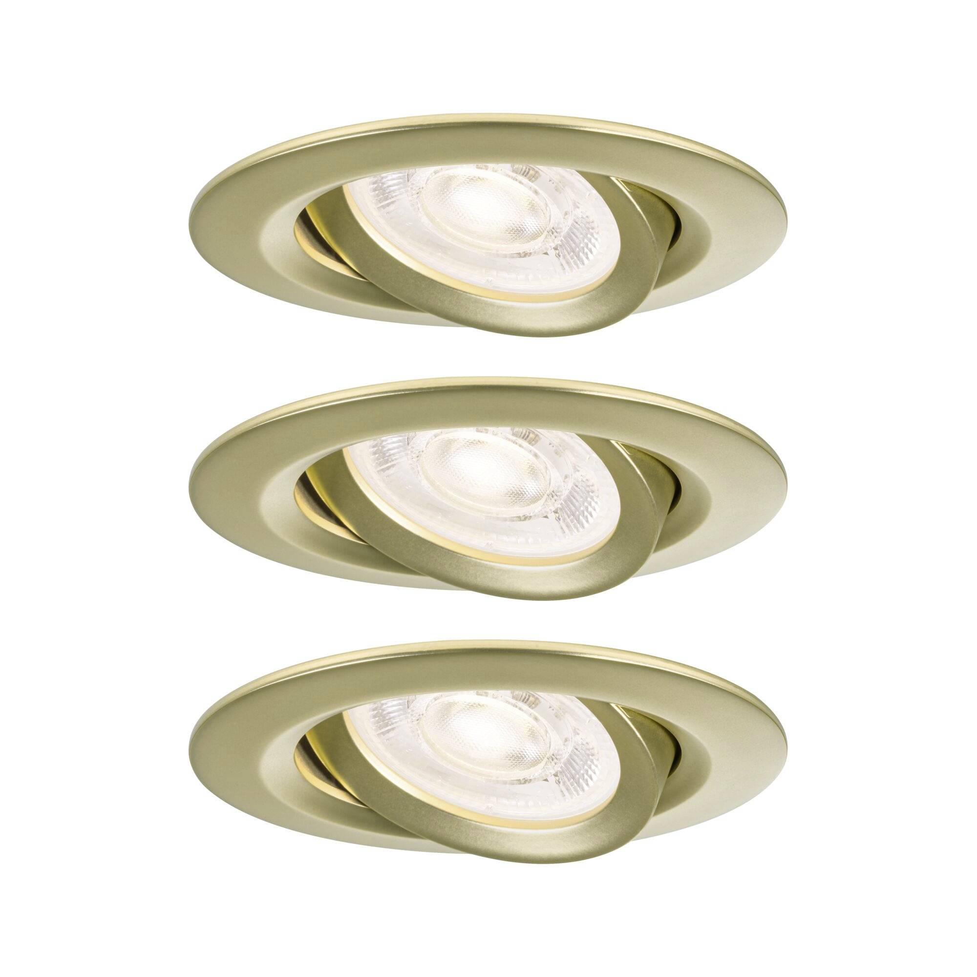 Drei gebürstete Gold-Einbaudeckenleuchten mit verstellbaren inneren Ringen, gezeigt auf weißem Hintergrund.
