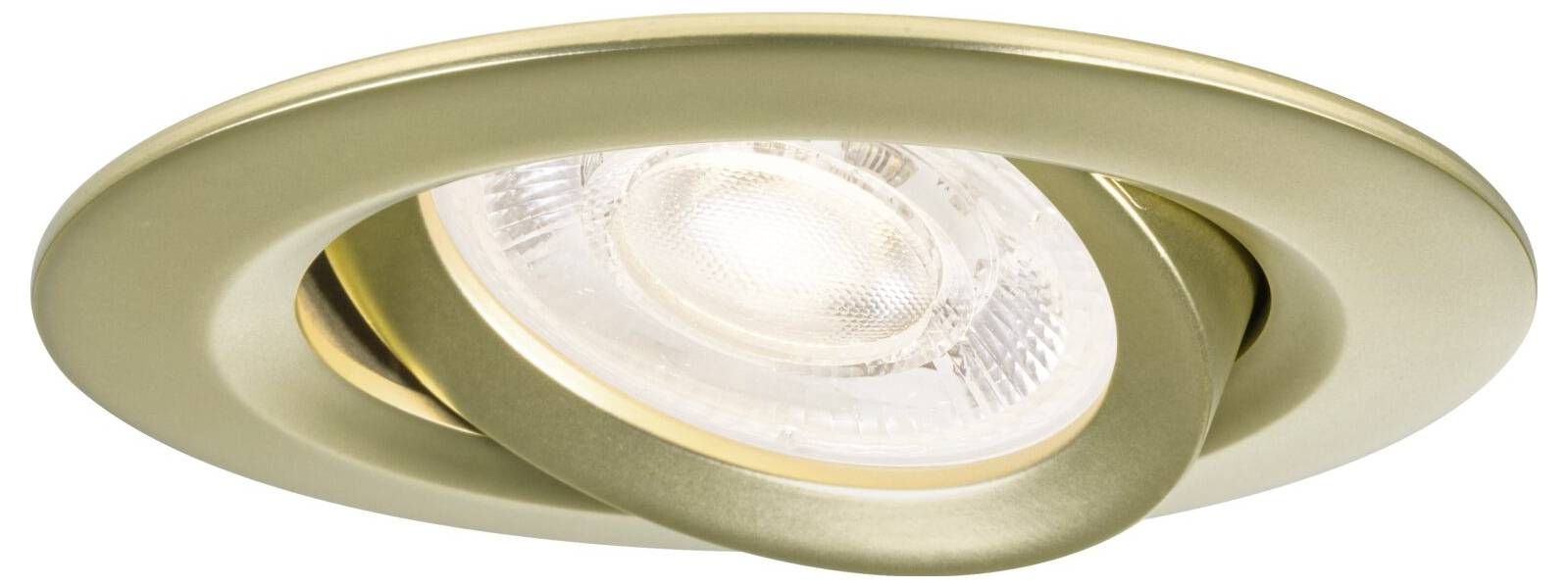 Nahaufnahme eines eingelassenen Deckenspotlights mit goldener Einfassung und kreisförmiger Linse, von unten fotografiert.