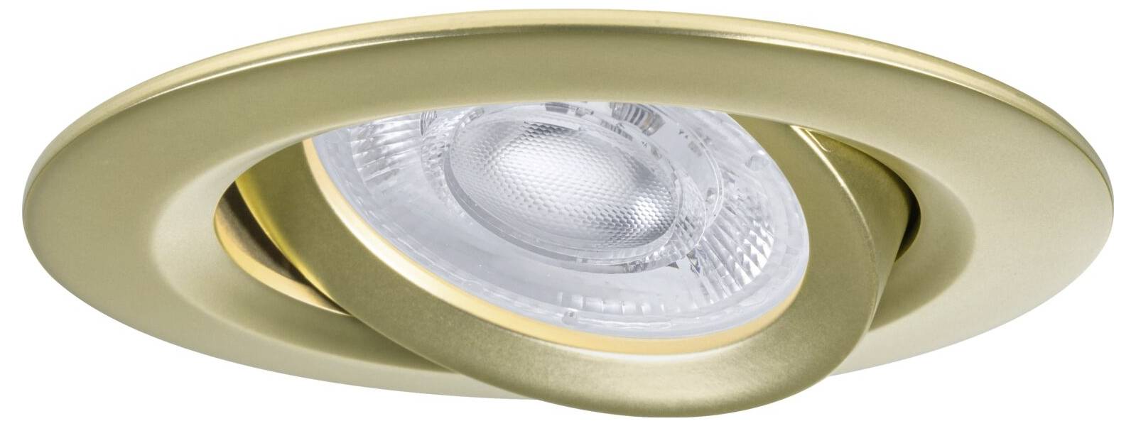 Goldene, bündig eingebaute Deckenleuchte mit geneigtem kreisförmigem Rahmen und klarer Glaslinsenfassung für Glühbirne