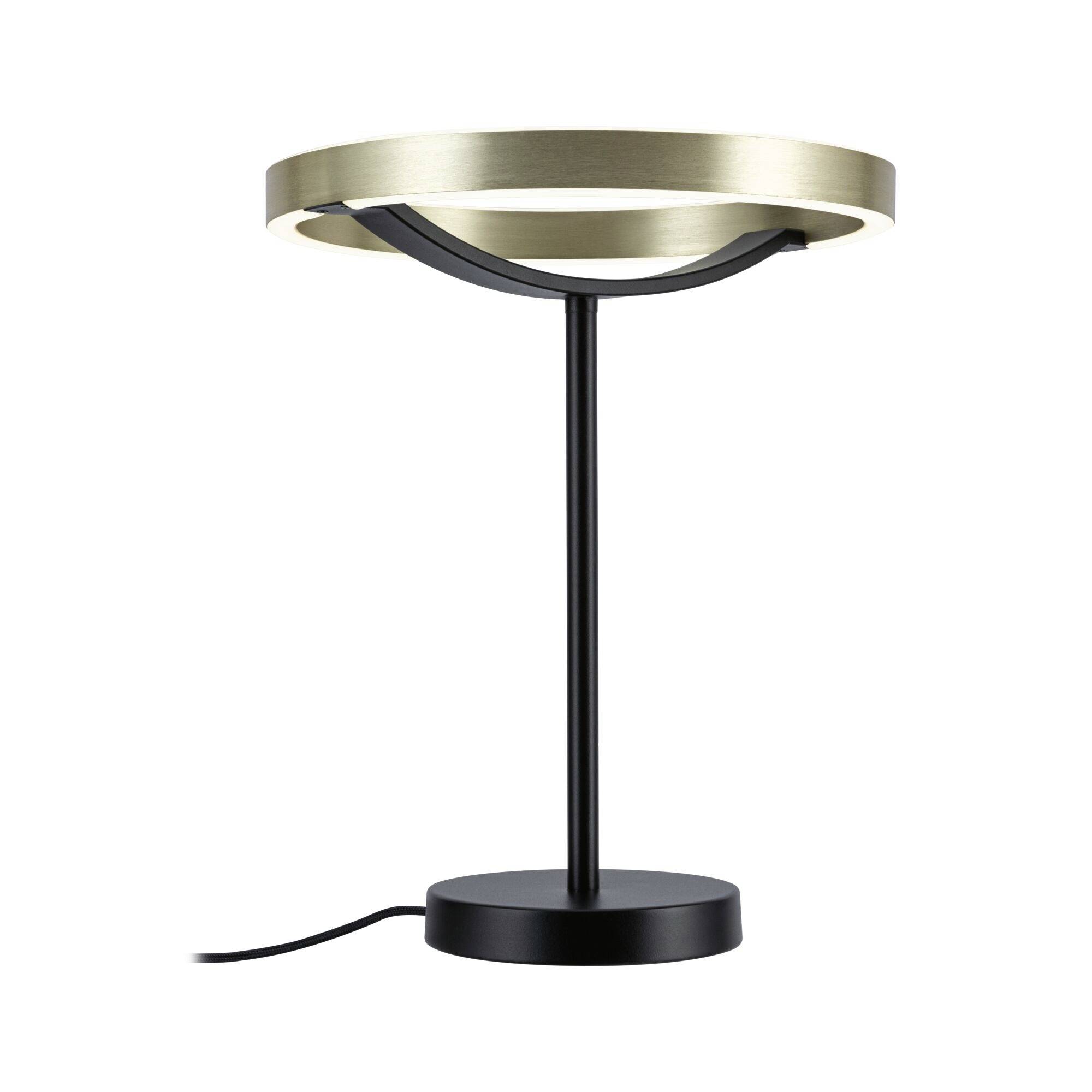 Moderne Tischlampe mit schwarzem Fuß und Schaft, gekrönt von einem gebürsteten goldfarbenen kreisförmigen LED-Ring und sichtbarem Stromkabel.