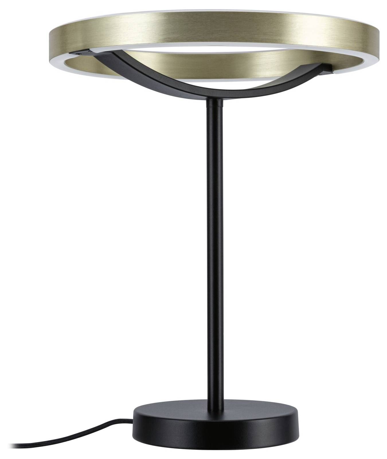 Moderne Tischlampe mit schwarzem Sockel und Schaft, mit einem kreisförmigen Schirm aus gebürstetem Gold auf weißem Hintergrund.