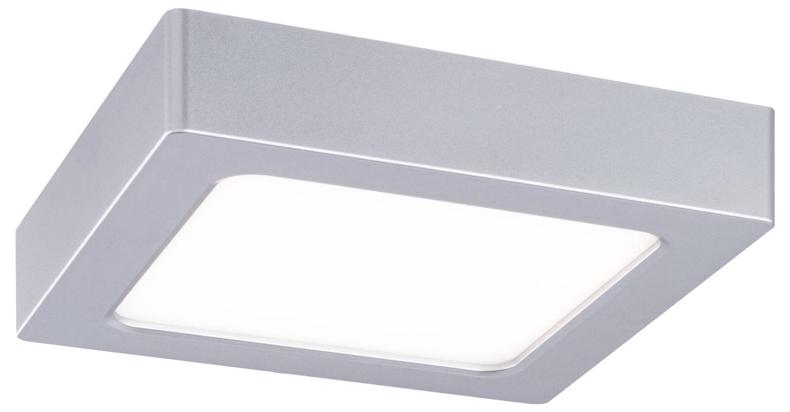 Moderne quadratische Deckenleuchte mit silbernem Rahmen und mattiertem Diffusor, vor weißem Hintergrund dargestellt.