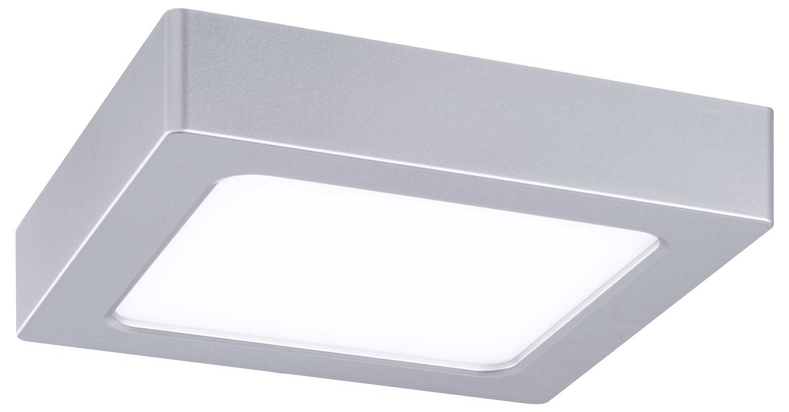 Modernes quadratisches Einbauleuchten-Deckenleuchte mit weißem Diffusor und silbernem Rahmen.