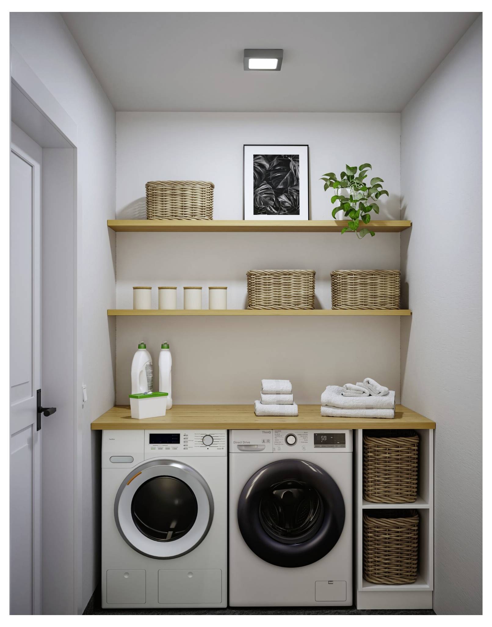 Kompaktes Wäschezimmer mit frontbelastetem Waschmaschinen- und Trockner unter Holzregalen mit Körben, Handtüchern und Waschmittel.