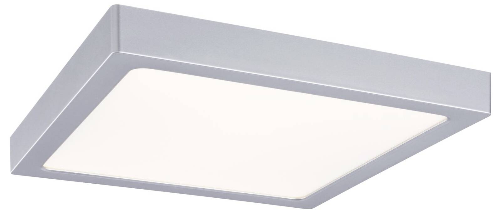 Modernes, quadratisches, bündig eingebautes Deckenleuchte mit silbernem Rahmen und mattweißem Diffusor, auf weißem Hintergrund dargestellt.