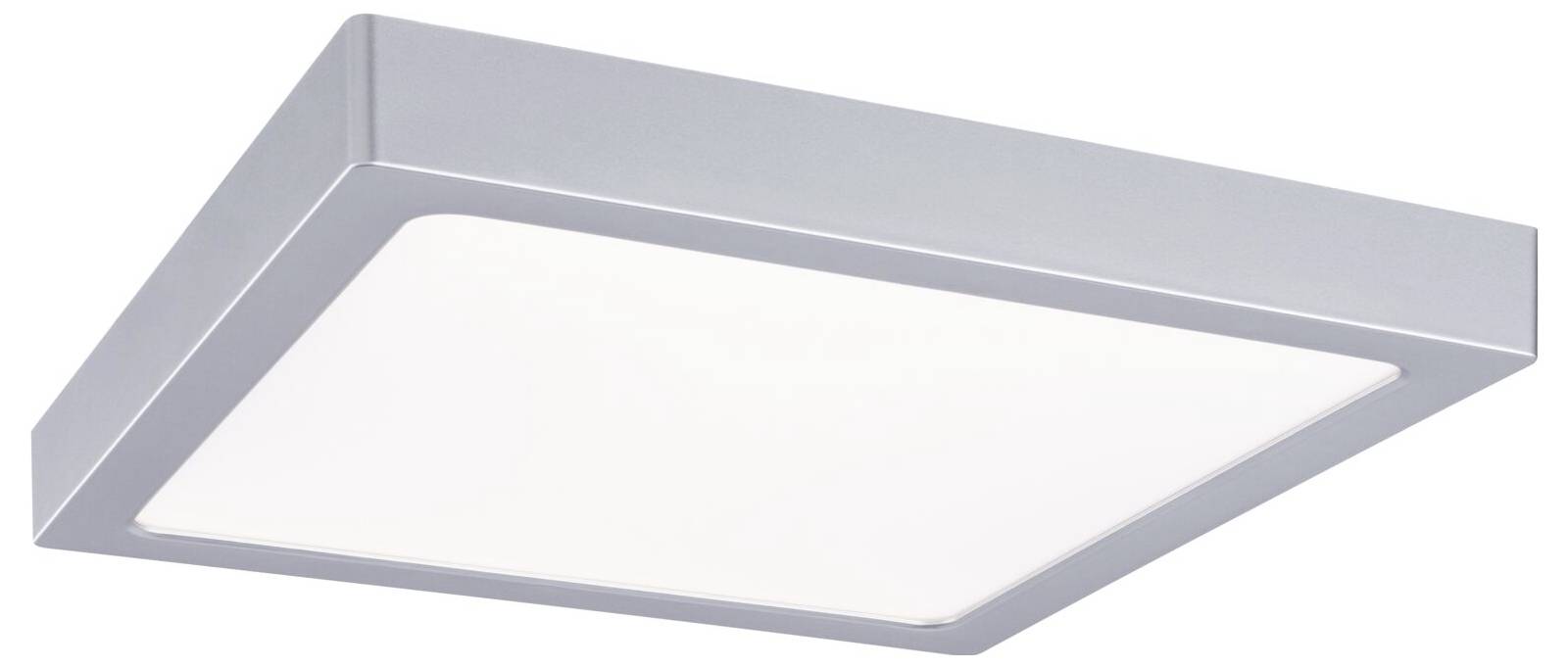 Rechteckige moderne Deckenleuchte mit silbernem Rahmen und mattweißem Diffusor, von unten gezeigt.