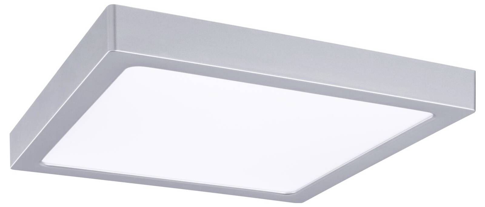 Quadratische moderne weiße Deckenleuchte mit flacher mattierter Diffusor und silbernem Rahmen auf weißem Hintergrund