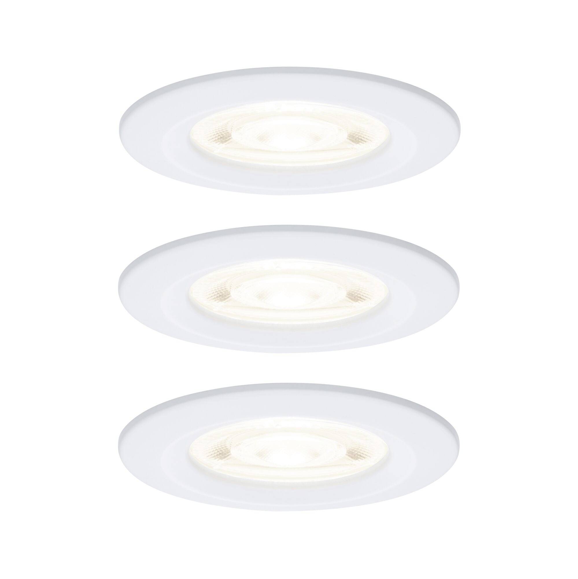 Drei weiße Deckeneinbauleuchten vertikal übereinander auf schlichttem Hintergrund angeordnet.