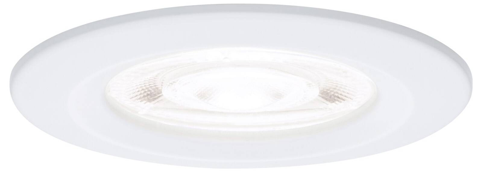 Eine runde weiße Deckeneinbauleuchte von unten betrachtet, mit einem mattiertem äußeren Ring und zentralem Glühbirnenbereich.