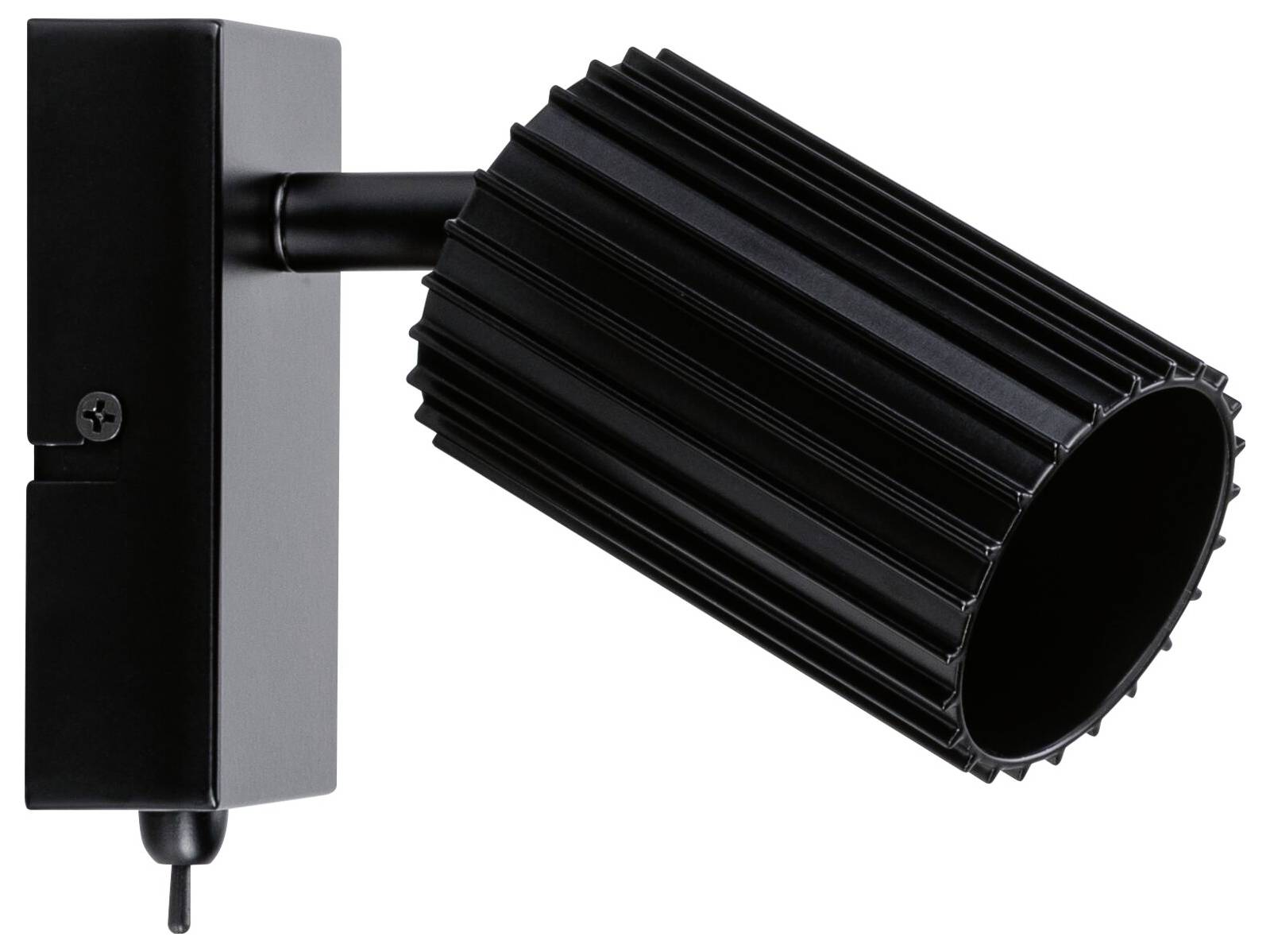 Schwarzer verstellbarer Strahler auf einer Wandhalterung montiert, nach außen geneigt auf weißem Hintergrund.