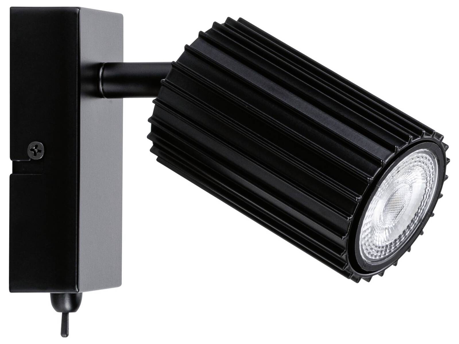 Schwarzer verstellbarer, wandmontierter Spotscheinwerfer mit geripptem zylindrischen Lampenkopf und rechteckiger Halterung, gezeigt auf weißem Hintergrund.