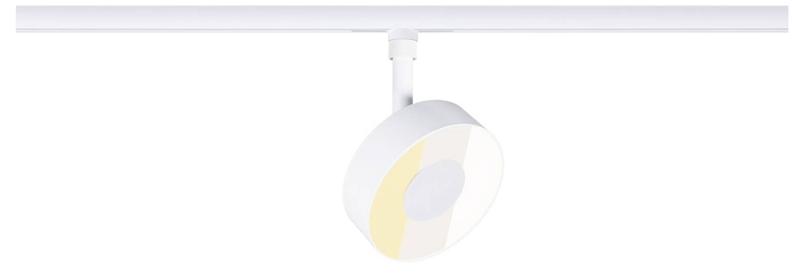 Weißer an der Decke montierter Strahler mit rundem weiß- und hellgelbem Lampenkopf, der von einer Schiene hängt.