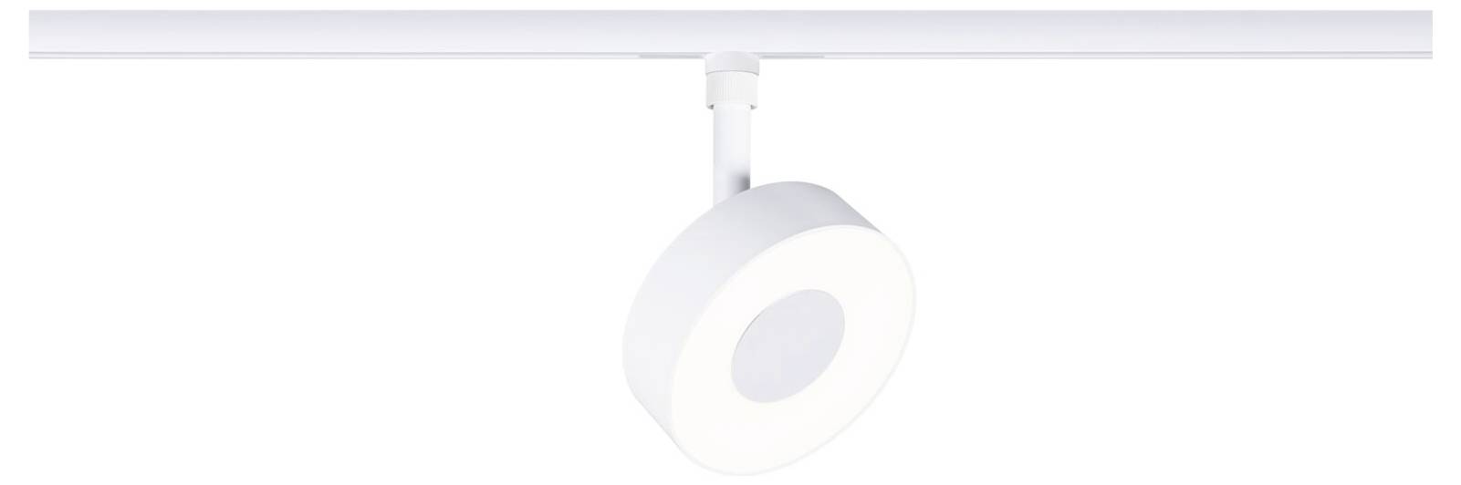 Weiße Schienenstrahler-Leuchte mit rundem Spotlicht-Kopf auf einer Deckenlampe montiert.