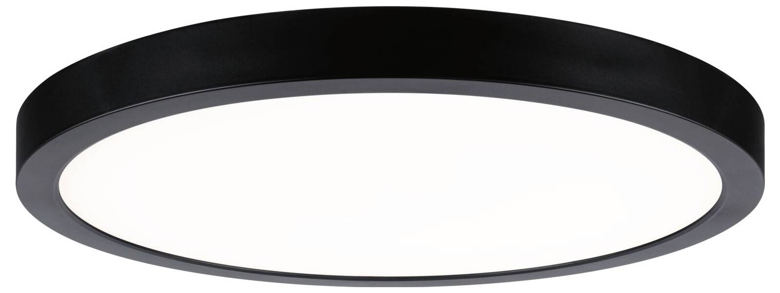 Runde schwarze Deckenleuchte mit weißem leuchtendem Diffusor, vor schlicht weißem Hintergrund gezeigt.